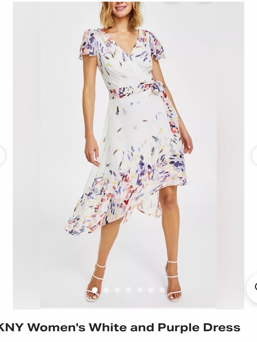 DKNY White Wrap Dress with Purple and Multicolor Floral Print